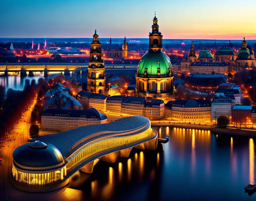 Cityscape with modern and historic buildings near a river at twilight