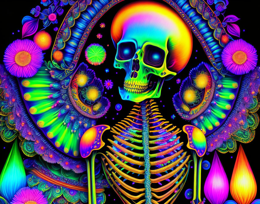 Colorful Psychedelic Skeleton with Rainbow Skull and Neon Flora on Black Background