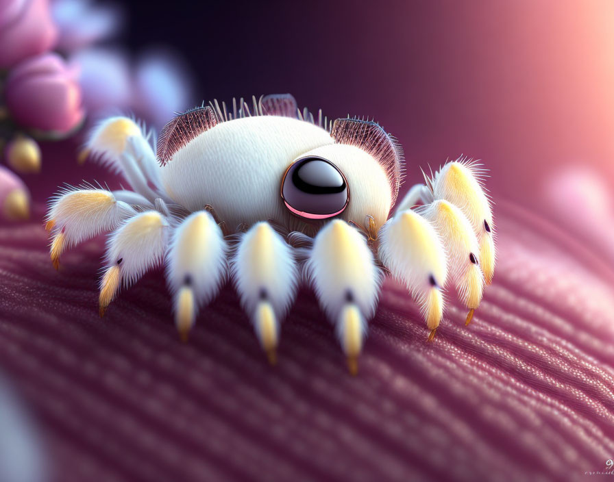 Stylized jumping spider with expressive eyes on textured surface