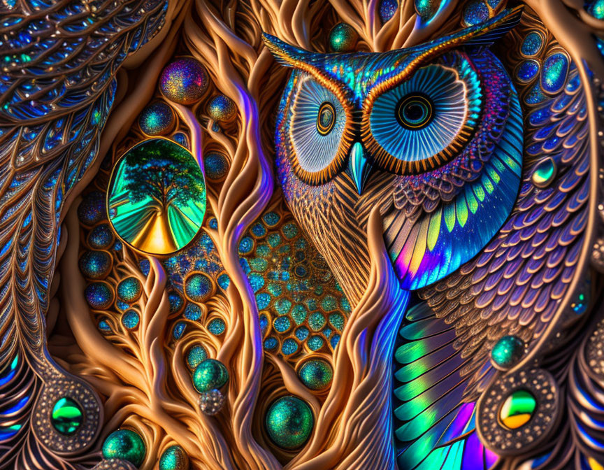 Colorful Fractal Owl Art with Earthy and Neon Tones