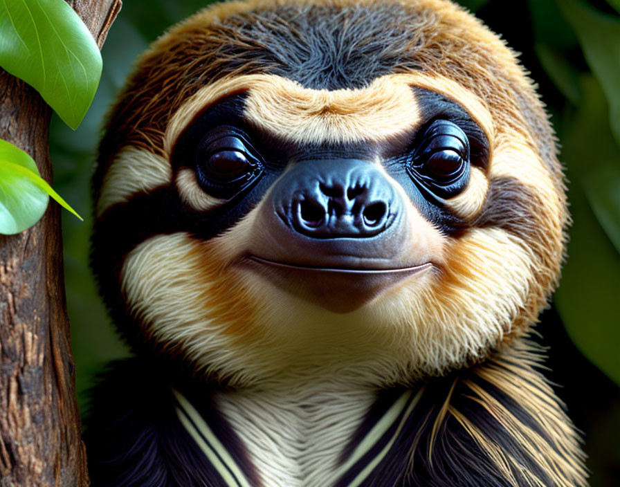 Smiling sloth with fluffy coat behind tree trunk, showcasing facial markings