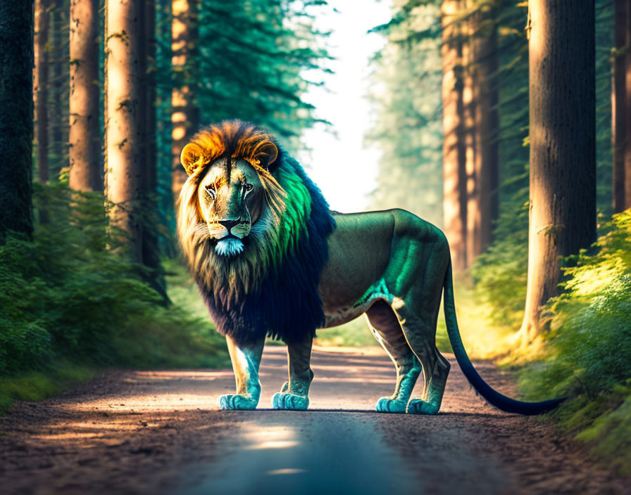 Majestic lion in forest setting with sunlight filtering through trees