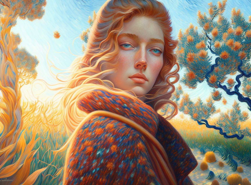 Digital painting of contemplative woman with flowing hair in autumnal setting