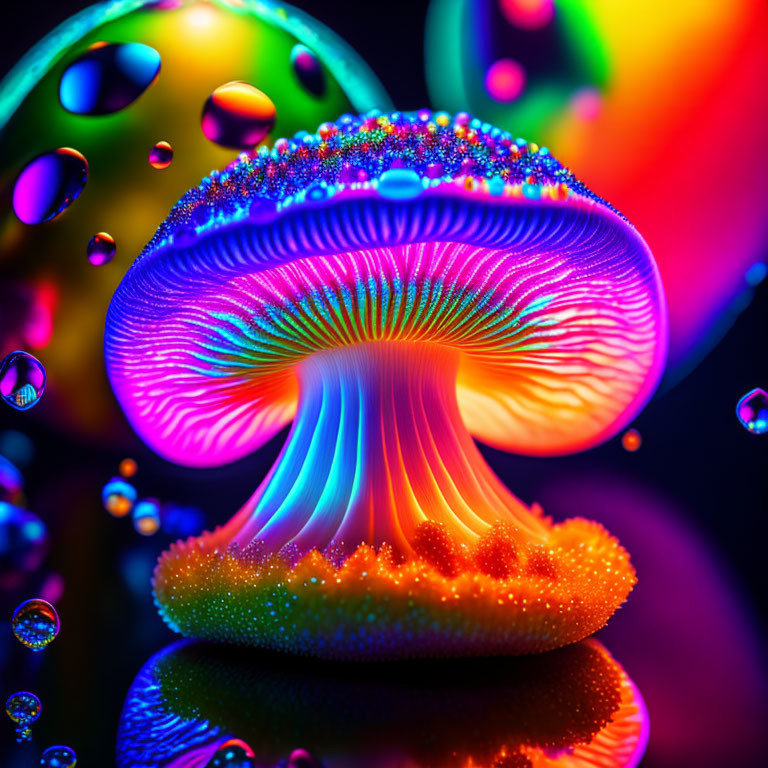 Colorful Digital Artwork: Neon Mushroom with Floating Bubbles