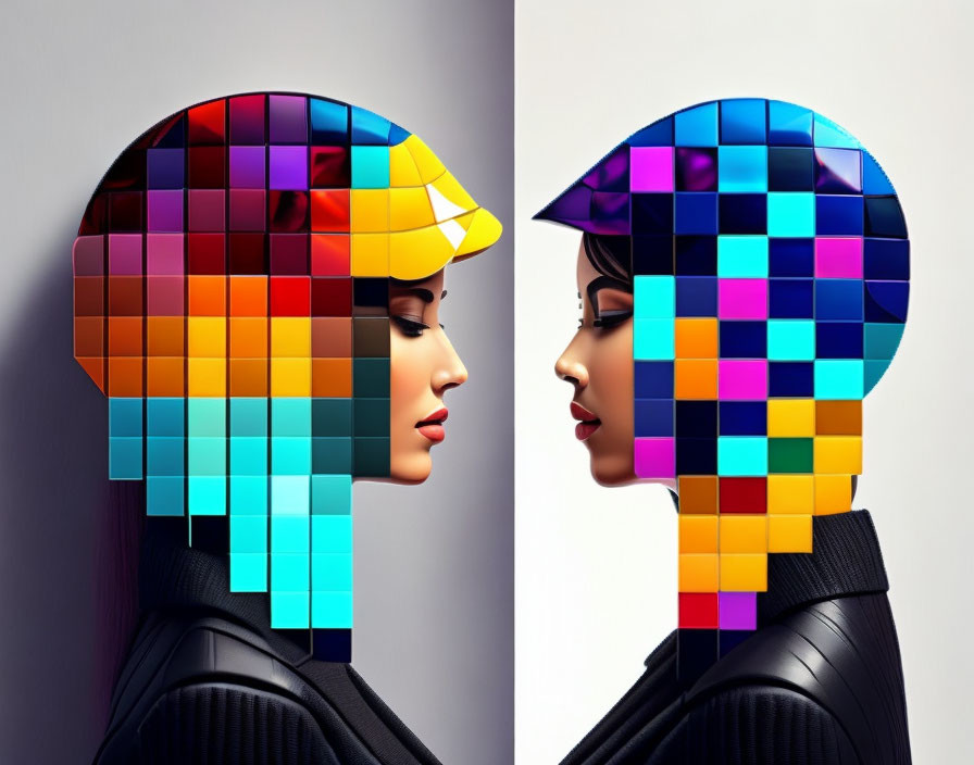 Stylized profiles with pixelated, multi-colored patterns on heads