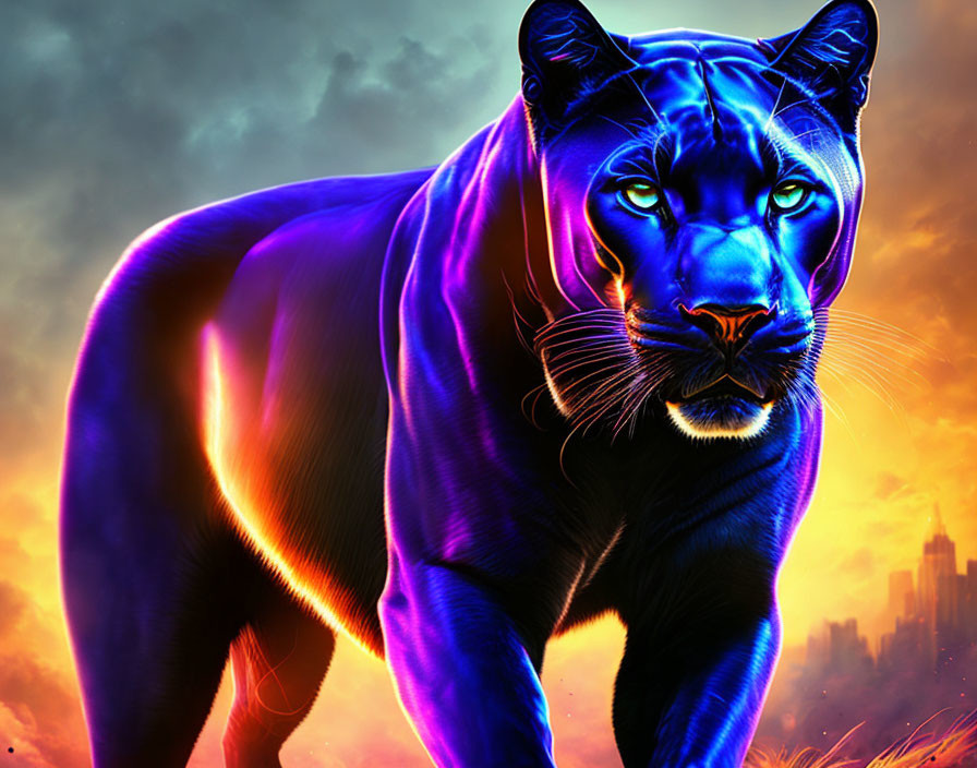 Vividly Colored Black Panther with Blue Glow on Orange Background