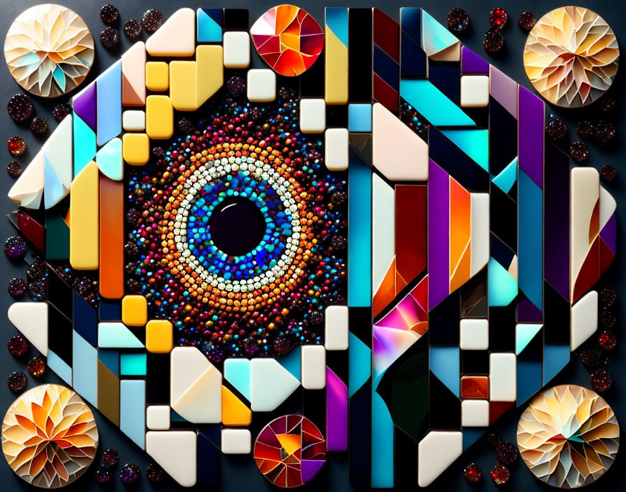 Colorful Geometric Mosaic with Circular Mandala and Beadwork