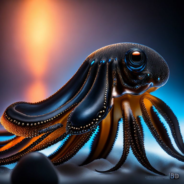 Stylized digital artwork: Glowing squid on blue and orange background