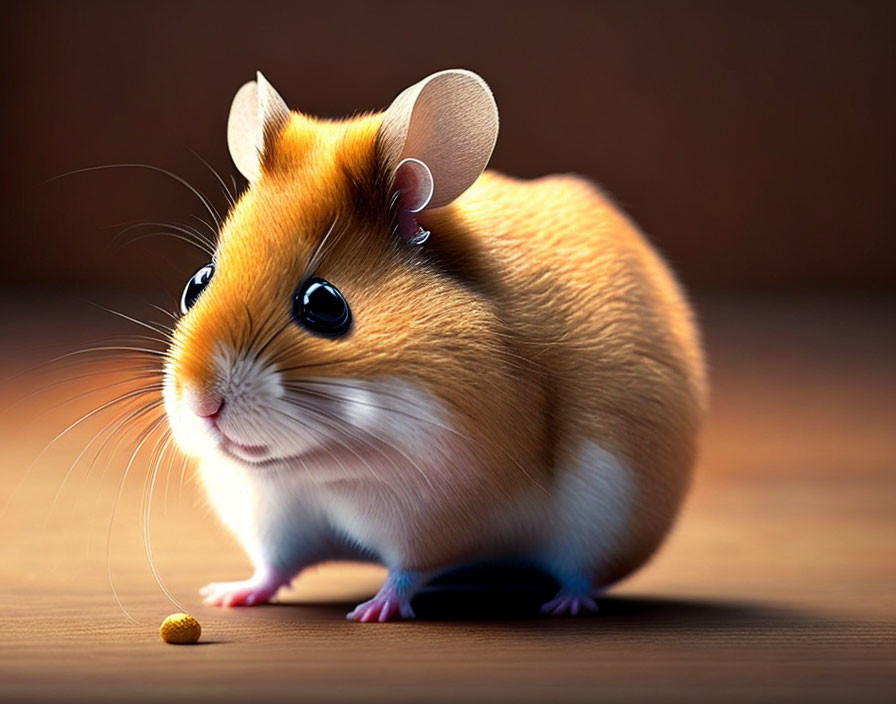 Chubby brown and white hamster with glossy eyes and a pellet