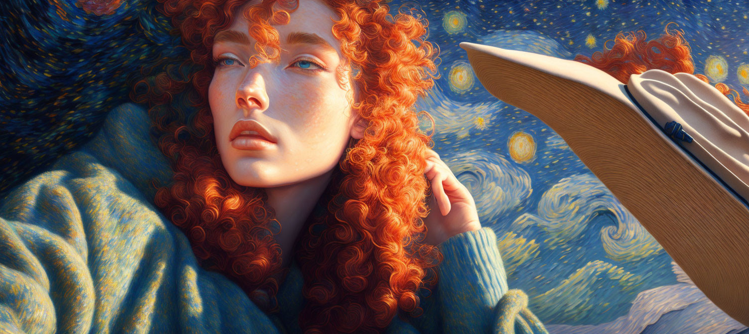 Red-haired woman reclining under starry night sky portrait.