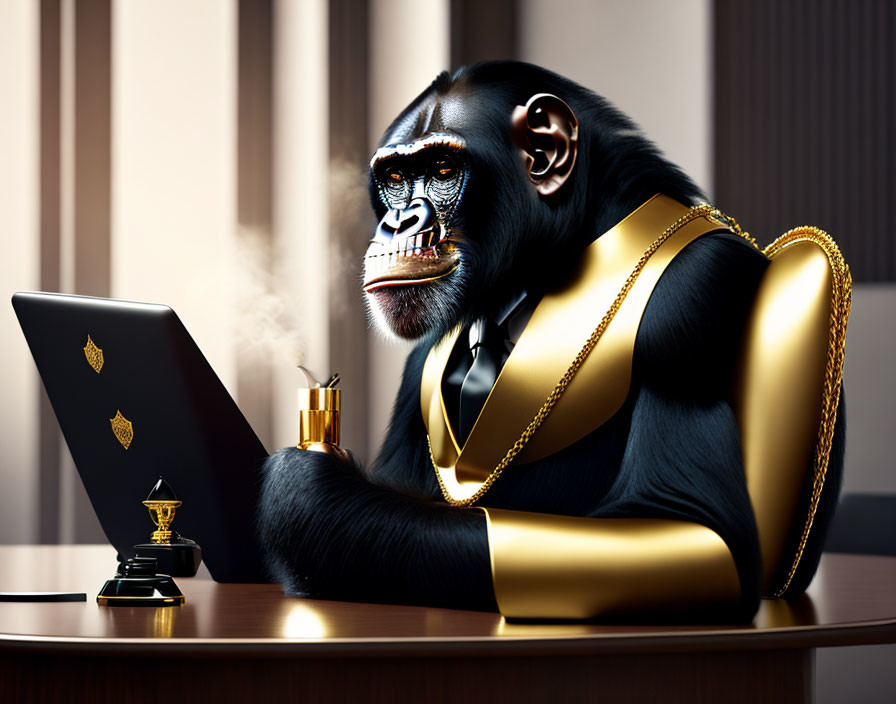 Chimpanzee in suit at desk with laptop and pen, emitting vapor