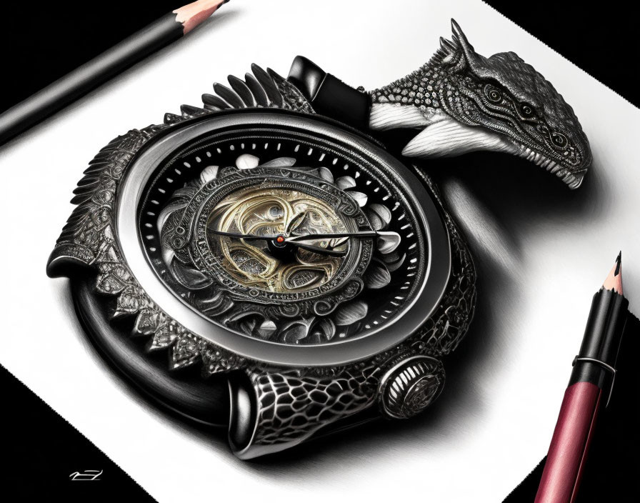 Dragon-themed watch with visible gears and pencils on white surface