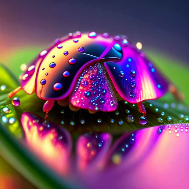 Close-up image of ladybug with water droplets on leaf