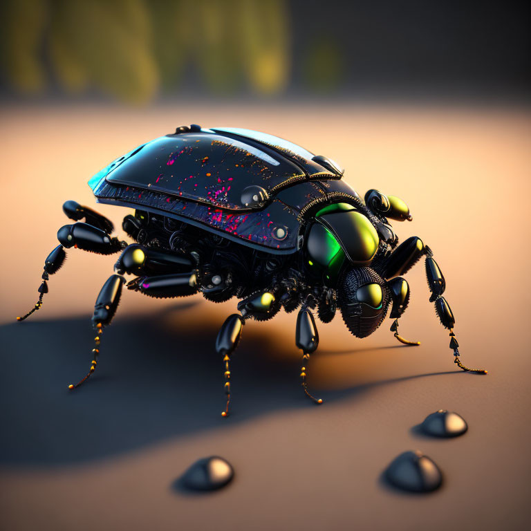 Futuristic robotic beetle with black and blue exoskeleton on sandy surface