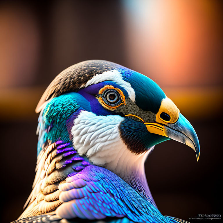 Colorful close-up of pigeon with intricate feather patterns in blue, green, and purple.