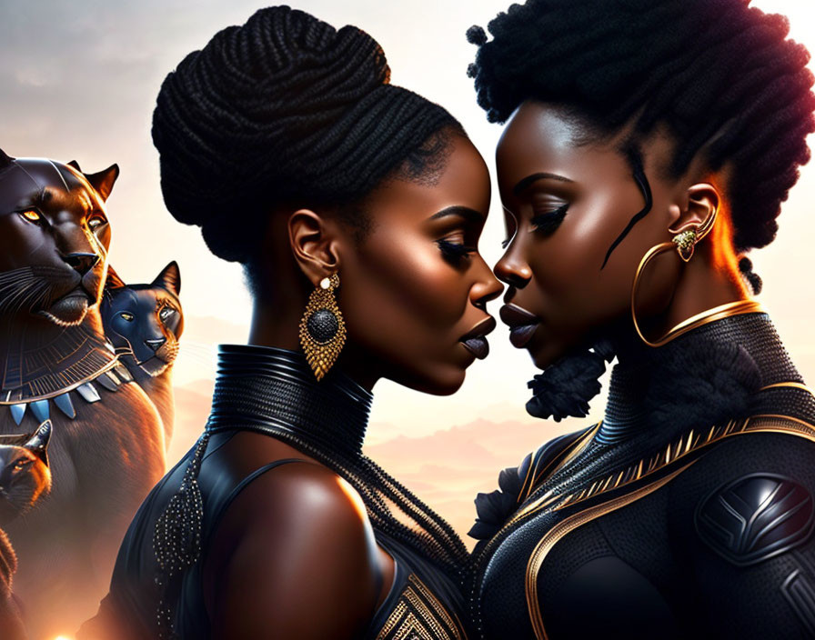 Futuristic women in black outfits with elaborate hairstyles and panther against sunrise.