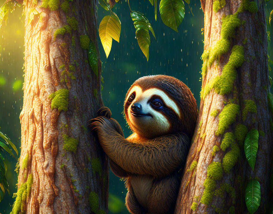 Gentle sloth in sunlit rainforest with lush greenery