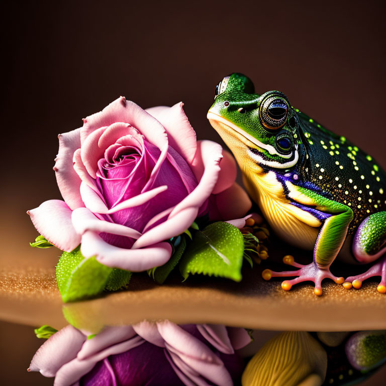 Colorful Frog Next to Pink Rose on Brown Background