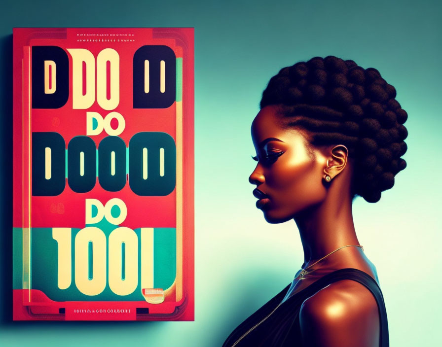 Profile view of woman with braided hair next to colorful book cover with bold typography