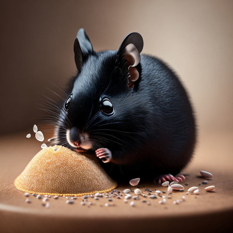 Animated black mouse nibbling grains on warm surface