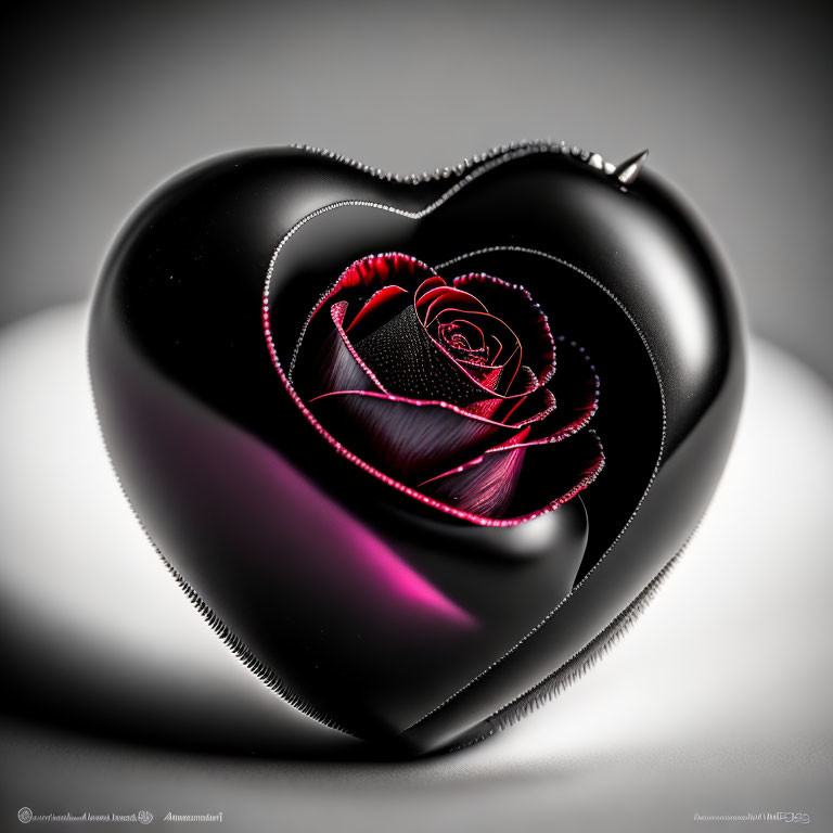 Heart-shaped black object with red rose on blurred background