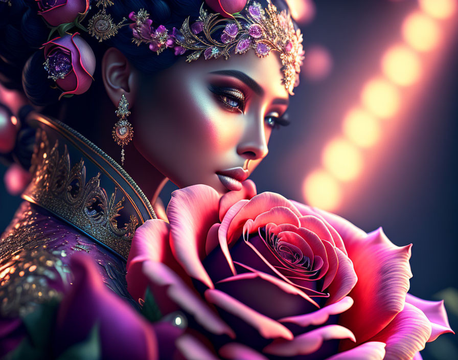 Intricate headpiece woman holding large detailed rose with soft bokeh lights