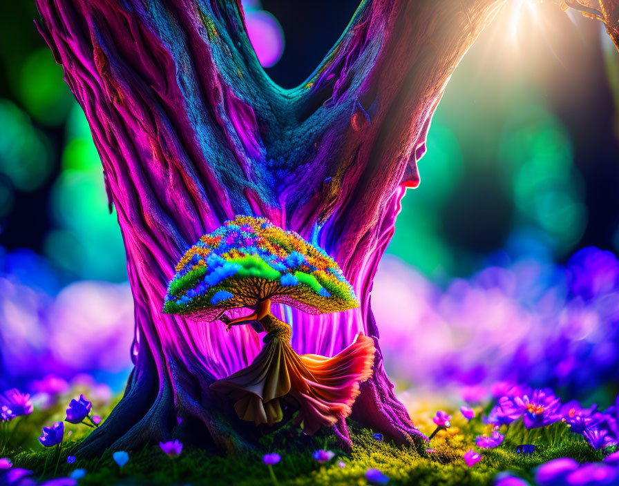 Colorful Mushrooms and Purple Flowers Under Sunlit Tree