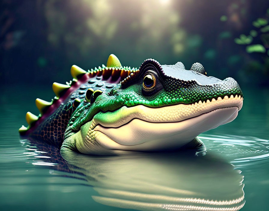 Detailed illustration of a submerged crocodile head with textured green skin and sharp teeth.