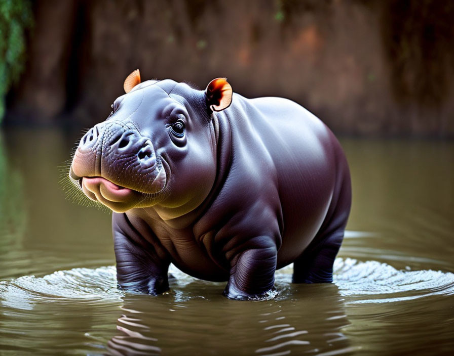 Realistic animated baby hippopotamus in water with smiling expression