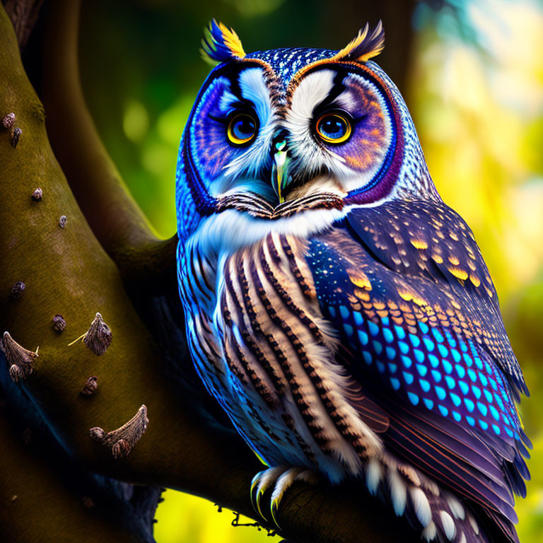 Colorful Owl with Blue Feathers and Yellow Eyes in Forest Setting