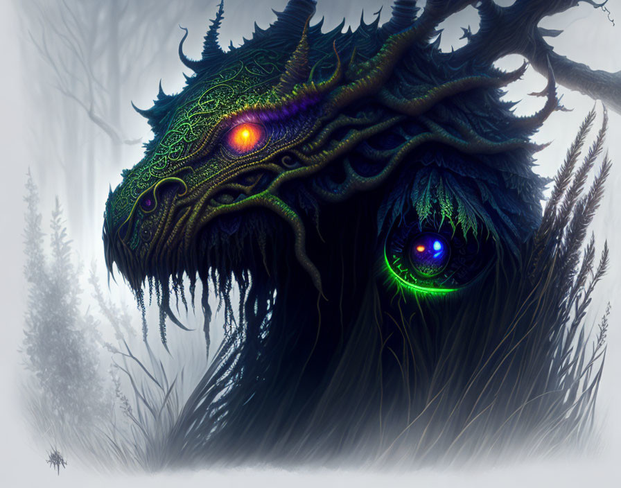 Glowing-eyed creature with green markings in misty forest