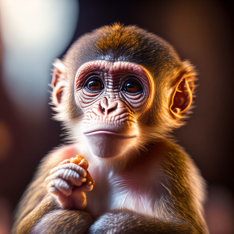 Young monkey with expressive eyes and raised hand in close-up view