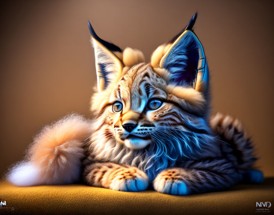 Fantastical cat-like creature with tufted ears and blue eyes