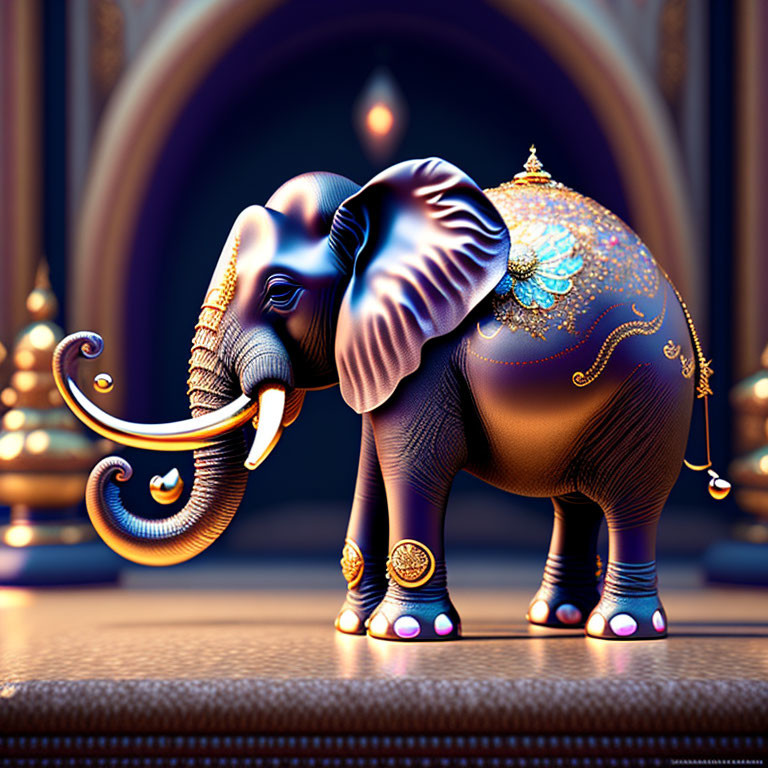 Ornately decorated elephant with jeweled cover and gold accents before arched doorway