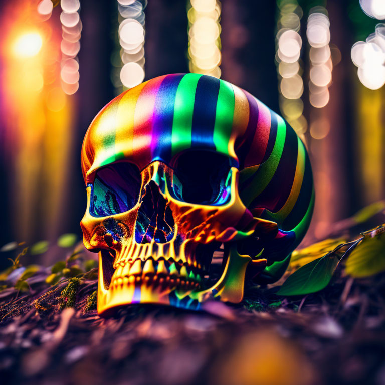 Colorful Rainbow Skull on Forest Floor with Sunlight Bokeh