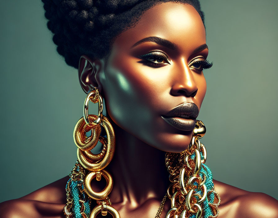 Portrait of woman with bold makeup, hoop earrings, chunky necklace on teal background