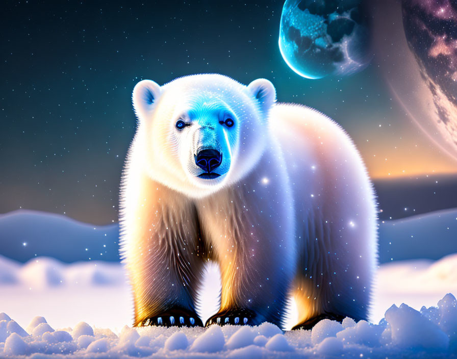 Glowing polar bear on snow under fantasy night sky