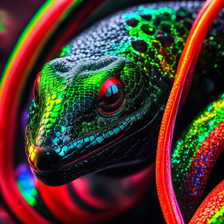 Green lizard head with red eyes in colorful lights