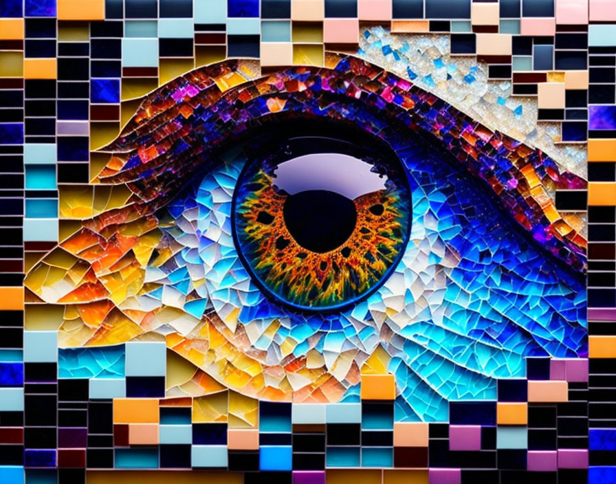 Colorful Digital Mosaic Artwork of Detailed Human Eye