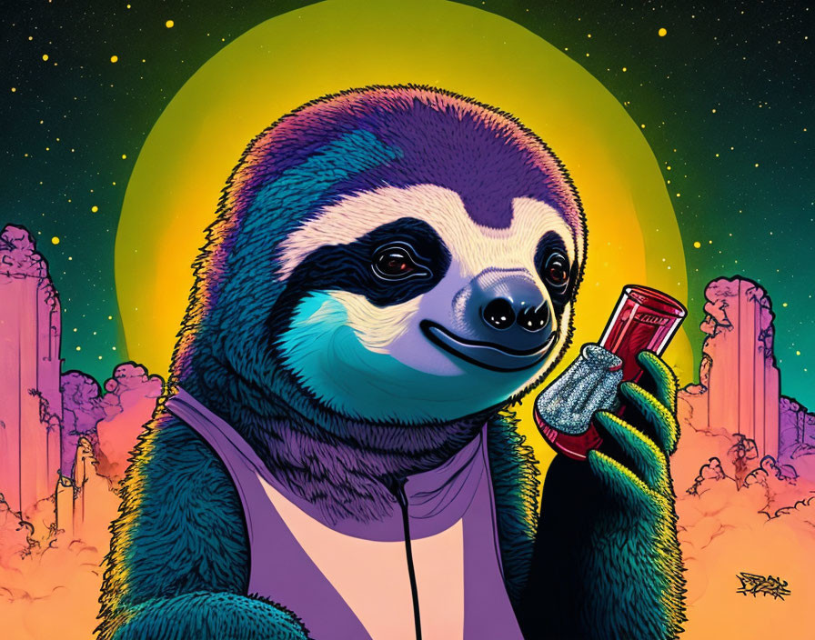 Illustrated sloth in vest with soda can on psychedelic space background.