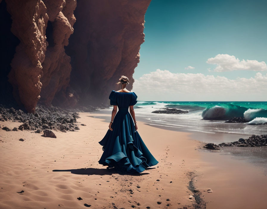 Woman in Blue Dress on Sandy Beach with Cliffs and Turquoise Waves