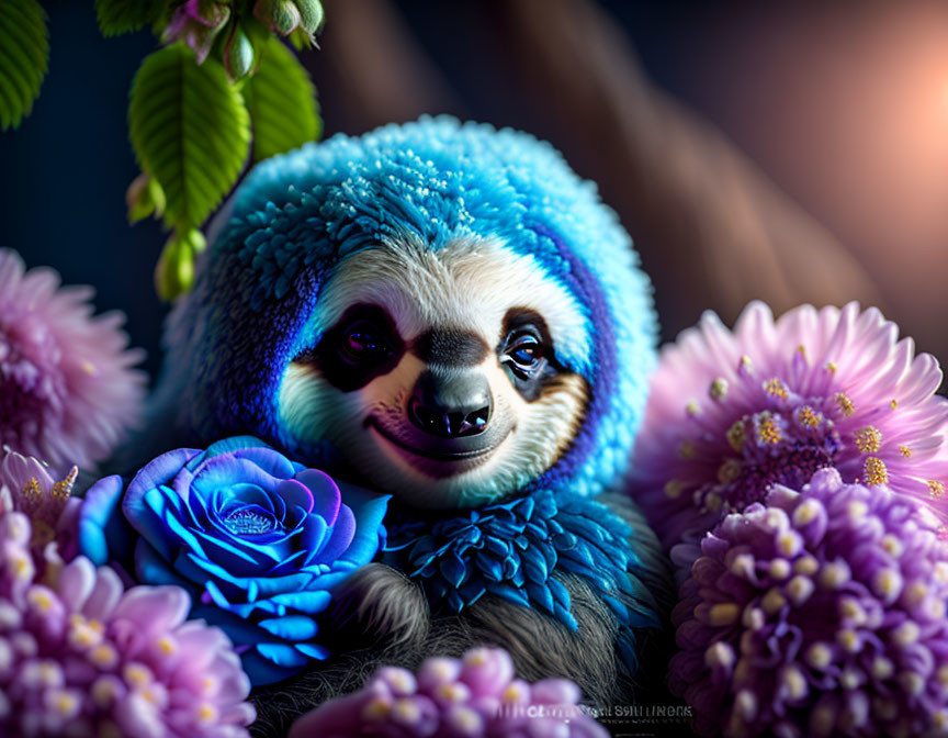 Smiling sloth with blue fur among purple flowers on dark backdrop