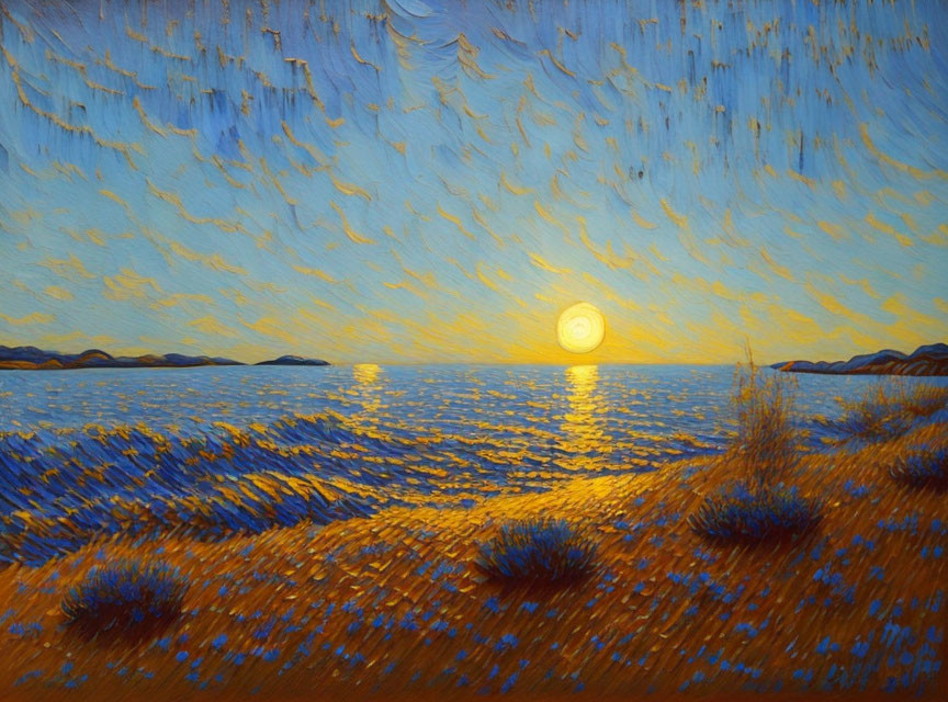 Colorful Sunset Painting with Calm Sea and Golden Reflections