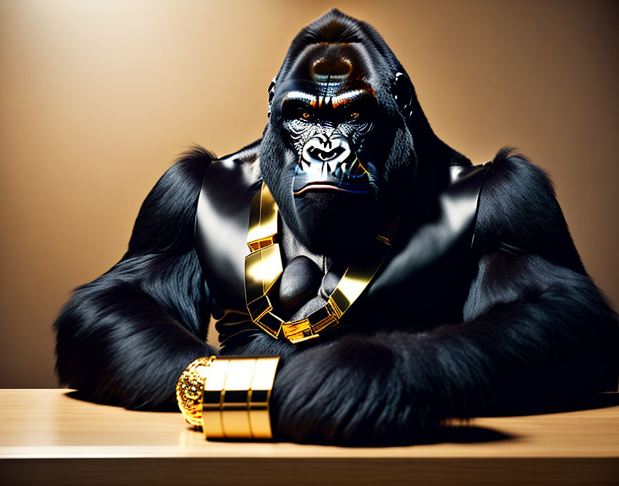 Stylized gorilla with fierce expression and gold jewelry at wooden table