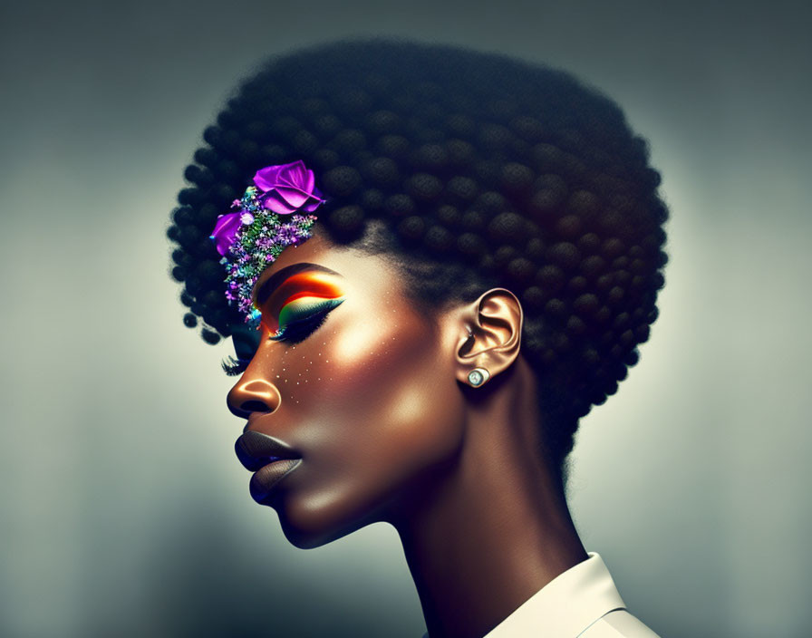 Colorful Afro Woman Artwork with Rainbow Eyeshadow and Flowers