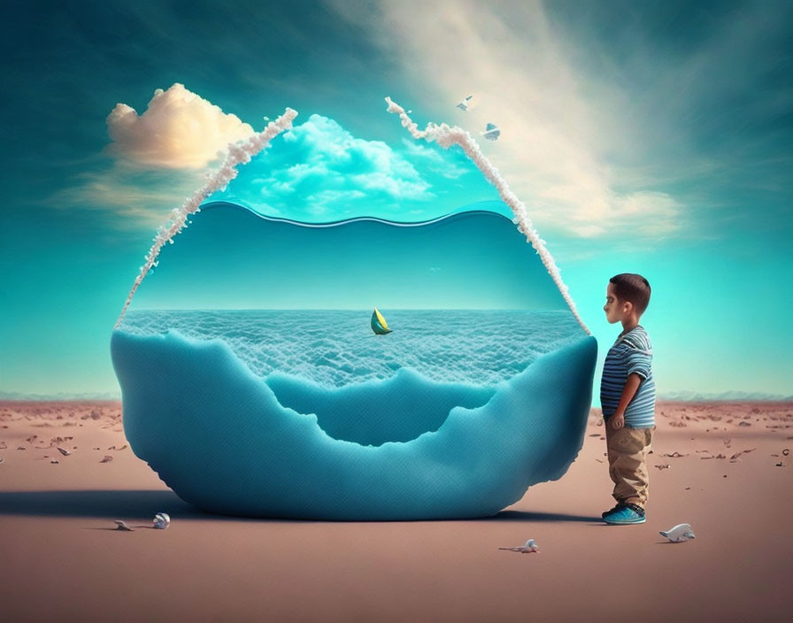 Boy standing in desert gazes at surreal shell-shaped water body with sailboat in clear sky.