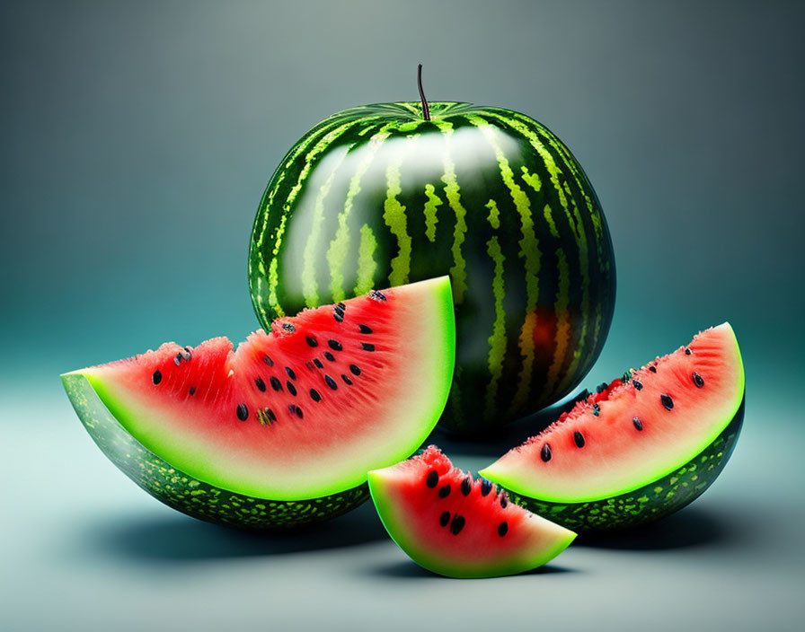 Watermelon with green apple-like skin and red flesh slices.