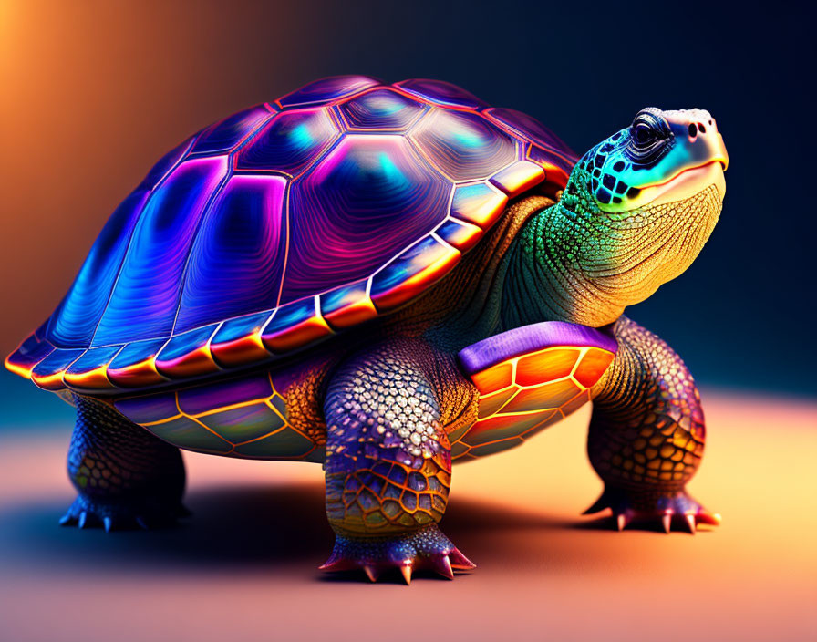 Colorful Turtle Digital Art with Rainbow Shell on Gradient Background