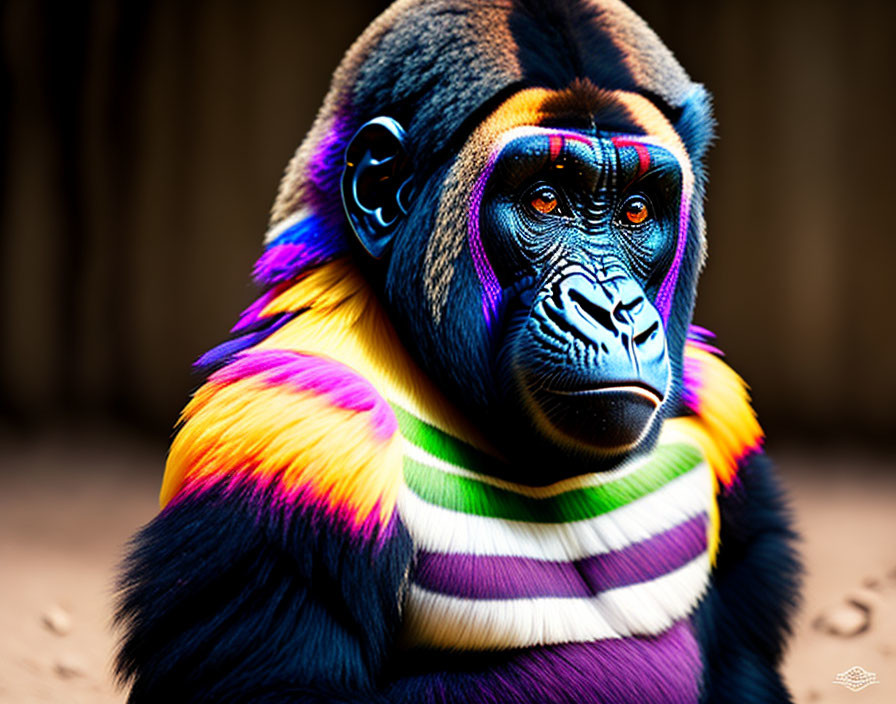 Colorful gorilla illustration with rainbow stripes: vibrant and surreal.