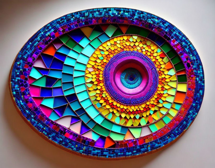 Colorful Oval Geometric Art with Spiral Center on White Background